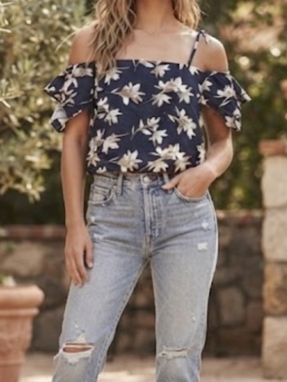 J.O.A. LOS ANGELES Floral Linen Cropped Top Off The Shoulder Flutter Sleeve XS